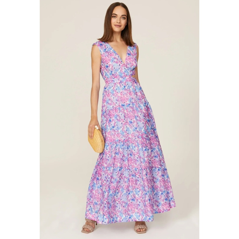 Nicholas Orchid Pink Maxi Dress Floral Cutout Sleeveless V Neck Blue Sz 2 US